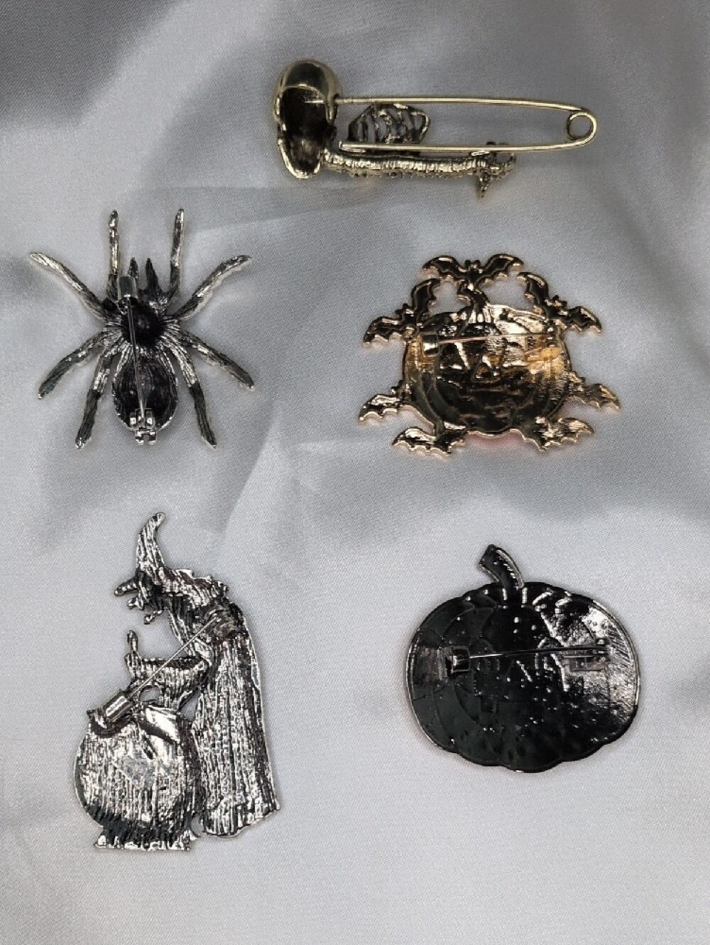 Halloween Brooch Pin Lot 5pc Witch Spider Skeleton Pumpkin Jack O Lantern - Picture 2 of 7